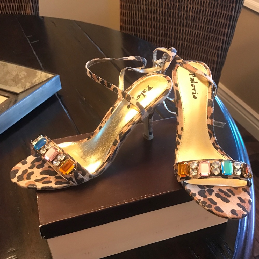 3” leopard heels with multicolored rhinestones